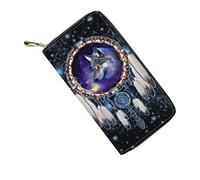 HUGS IDEA Galaxy Wolf Dream Catcher Slim Wallet for Women, Card Holder Clutch Durable Zipper Purse Travel Phone Bag