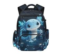 HUGS IDEA Girls Backpack Cute Bookbag for Girls with Padded Straps Front Zipper Pocket Dual Side Pockets for School, Blue Axolotl
