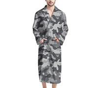 HUGS IDEA Grey Camouflage, Bathrobe for Men Adults Full Length V Collar Cotton Dressing Gown for Winter Autumn Shower Bath Sauna, Warm and Cozy