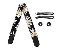 HUGS IDEA Guitar Strap Daisy Flower Shoulder Strap for Bass Guitar(Electric & Acoustic) Band Live with Strap Lock Black Adjustable Strap 33-56''