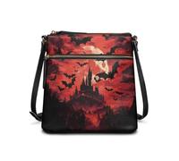 HUGS IDEA Halloween Bats Women's Crossbody Handbags G Haunted Castle Crossbody Purse for Women Leather Satchel Bag with Zipper Pocket Halloween Gifts