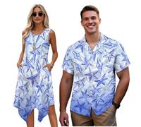 HUGS IDEA Hawaiian Couples Matching Outfits Starfish Men's Casual Shirts Short Sleeve Summer Button Down Tops Holiday Clothes Women's Aloha Dress for Beach Family Reunion Blue Size M