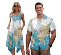HUGS IDEA His and Hers Matching Outfits World Map Men's Lightweight Short Sleeve Top Women's Sleeveless A Line Dress for Road Trip Casual Summer Brunch 2XL
