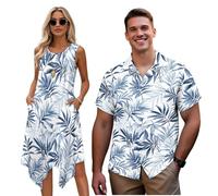 HUGS IDEA His and Hers Matching Sets Blue Palms Men's Breathable Short Sleeve Hawaiian Shirt Women's Sleeveless Asymmetrical Dress with Pockets for Beach Party Summer L
