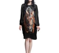 HUGS IDEA Horse Black Cloth Bathrobe, Womens Dressing Gown, Lightweight Bath Robe Cozy Housecoat with BPockets - S