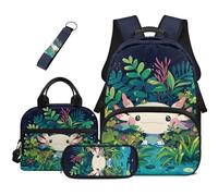 HUGS IDEA Jungle Axolotl Matching Backpack and Lunchbox Girls 4 in 1 17 Inch Heavy Duty School Book Bag Pencil Case Keychain for Grade School Outdoor Trips
