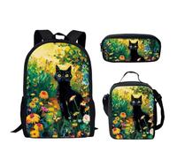 HUGS IDEA Kids Backpack Black Cat Floral School Bags Set with Lunch Box Pencil Case for Girls Student 3 in 1 Bookbag Gifts Casual Daypack