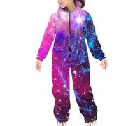 HUGS IDEA Kids Loungewear Onesies Zip Up Hoodie Tracksuit Pink Nebula Galaxy Sky Print Toddler Kid Girls Boys 9-10 Years Hooded Jumpsuit with Pocket