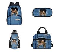 HUGS IDEA Kids School Backpack Cute Denim Pocket Cat Print Boys Girls School Bookbag for Elementary Preschool Bag, Lunch Handbag, Pencil Case and Bottle Sleeve