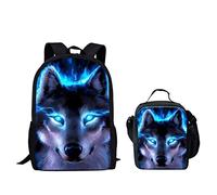 HUGS IDEA Kids School Bookbag Set, Blue Flame Eyes Wolf Print, Lightweight Shoulder Backpack with Thermal Lunch Bag, 2 Packs