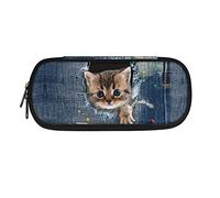 HUGS IDEA Large Pencil Case Blue Denim Pocket Cute Cat Boys Girls School Supplies Zipper Pencil Bag Stationery Organizer Pencil Pouch Holder for Students Teens
