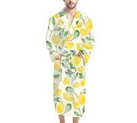 HUGS IDEA Lemon Pattern Bathrobe Funny Fresh Pajamas V Collar Dressing Gown for Men, Lemons Fruit Pattern Fluffy Soft Winter Autumn Pajamas