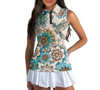 HUGS IDEA Mandala Hummingbird Print Women's Sleeveless Golf Shirt V-Neck Tennis Tank Tops Collared Golf Shirts Size XS-2XL