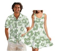 HUGS IDEA Matching Outfits for Couples Hawaii Print Men's Casual Shirts Short Sleeve Summer Button Down Tops Holiday Clothes Pale Green Floral Size L