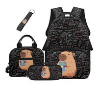 HUGS IDEA Math Capybara Backpack with Lunch Box for Boys 4 Pcs 17 Inch Side Water Bottle Pockets Bookbag Pencil Case Keychain for Grade School Ages 8-10