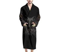 HUGS IDEA Men’s Soft Dressing Gown with Cat, Absorbent Adults Home Bath Shower Spa Pajamas, Lounge Wears with Pockets and Belt, Black Cat Print