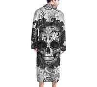 HUGS IDEA Men’s Soft Snug Dressing Gown Adults Microfibre Bathrobe, Halloween Pajamas Black Skull Moire Gothic Warm Soft & Cosy with Pockets Belt