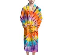 HUGS IDEA Men's Bath Robe Dressing Gown with Orange Tie Dye Spiral, Yellow Blue Multicolor, Easily Washed Soft Warm Pajamas, Snug Fluffy Bathrobe