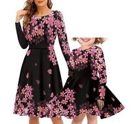 HUGS IDEA Mommy and Me Family Pink Sakura Flower Blossom Casual Long Sleeve High Waisted Skater Midi Dress - Mother and Daughter Matching Outfit for Travel