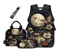 HUGS IDEA Moon Butterfly Girls Backpack Set 4 in 1 17 Inch Heavy Duty Lightweight Bookbag Pencil Case Keychain for Teens Ages 10-12 Middle School