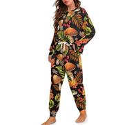 HUGS IDEA Mushroom Maple Leaf Pajamas for Women Set 2 Piece Long Sleeve Fall Sleepwear Autumn Lounge Sets for Women Fashion Womens Loungewear with Pants