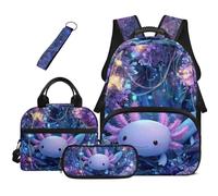 HUGS IDEA Mystic Axolotl Backpack and Lunch Box for Girls 4 Pcs Soft Waterproof School Bag Pencil Case Keychain for Toddler Ages 4-6 Preschool Camping Picnic