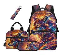 HUGS IDEA Neon Wolf Backpack Set for Boys 4 in 1 17 Inch Roomy Pockets Bookbag Pencil Case Keychain for Grade School Ages 8-10 Family Camping Trips