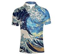 HUGS IDEA Novelty Men's Jersey Golf Polos Shirt Wave Pattern 3 Button Collars T-Shirt Casual Short Sleeve
