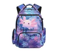 HUGS IDEA Ocean Axolotl Girls Backpack Cute Bookbag for Girls Lightweight Padded Straps Front Zipper Pocket Dual Side Pockets Back to School Elementary Daily Use