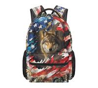 HUGS IDEA Patriot Wolf School Backpack for Boys Lightweight Rucksack Large Capacity with Laptop Compartment Multi-Compartment Daypack for Kids 17 Inch Bookbag for School
