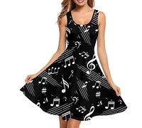 HUGS IDEA Piano Music Notes Womens Casual Flowy Tank Dress for Party Club, Crewneck Sleeveless A-Line Skater Midi Dress with Pocket