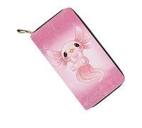 HUGS IDEA Pink Axolotl Slim Leather Wallet for Women Girls Zipper Card Holder Clutch Ladies Purse