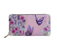 HUGS IDEA Pink Butterflies Zip Purse for Women Travel Long Wallet PU Leather