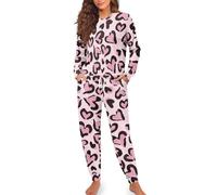HUGS IDEA Pink Heart Leopard 2 Piece Lounge Set Women Long Sleeve Sleepwear Tops with Pants Stylish Womens Pajama Sets with Pockets Casual Nightwear for Lady