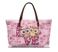 HUGS IDEA Pink Owls Soft Leather Shoulder Bag Work Totes for Women Purse Handbag with Zipper Pocket Large Satchel Purse Women Valentine's Day Gifts