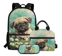 HUGS IDEA Pug Backpack for School Girls Daisy Bookbag with Insulated Lunch Bag Pink Portable Pencil Case Pouch for Elementary Girls Kids Travel Backpack Set 3 Piece Schoolbag for Girls 10-12