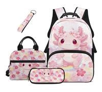 HUGS IDEA Rainbow Axolotl Girls Backpack with Lunchbox 4 Piece Soft Padded Straps School Bag Pencil Case Keychain for Girls Ages 8-10 Daily Family Travel