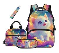 HUGS IDEA Rainbow Cat Bookbag for Girls 6-8 School Backpack with Lunch Box & Pencil Case Lightweight Backpacks for Kids Elementary Students Bookbags 17 Inch Kids Schoolbag Set