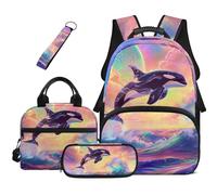 HUGS IDEA Rainbow Orca Teen Girls Backpack with Lunch Box 4 Pcs Large Capacity Multiple Pockets School Book Bag Pencil Case Keychain for High School Travel