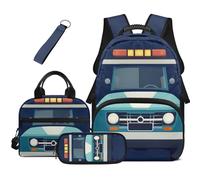 HUGS IDEA Rescue Truck Backpack with Lunch Box Boys 4 Pcs Heavy Duty Multiple Pockets Bookbag for Boys 8-10 Pencil Case Keychain for Grade School Camping Trips