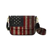 HUGS IDEA Retro American Flag Shoulder Bag for Women Genuine Leather Crossbody Purse Trendy Handbag for Lady with Guitar Strap Patriotic Style Satchel Handbags