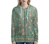 HUGS IDEA Retro Floral Zip Up Hoodies for Women Cozy Hooded Sweatshirts for Women Trendy Zipper Jackets with Pockets Casual Activewear Plus Size Thin Coats