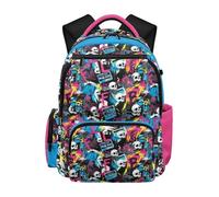 HUGS IDEA Retro Skull Rucksack for Kids 17in Lightweight School Backpack for Children Large Capacity Multi-Compartment Bookbag for Girls Elementary School Travel Hiking Camping Daypack