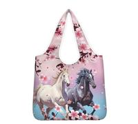 HUGS IDEA Reusable Grocery Bags Cherry Blossom Horse Eco-Friendly Folding Tote Shopping Bag Pouch Bags