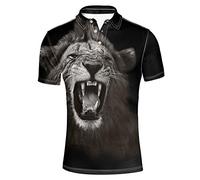 HUGS IDEA Roar Lion T-Shirts Breathable Short Sleeve 3 Button Collar Golf Bowling Sport Tennis Shirt