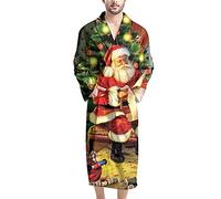 HUGS IDEA Santa Claus Christmas Tree Print Bathrobe for Men, Christmas Gifts, Warm Cozy Soft Dressing Gown Full Long for Winter Bath Shower Sauna Spa
