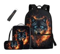 HUGS IDEA School Backpack for Boys Bookbags with Lunch Box Pencil Bag and Keychain 4 Piece Schoolbag Set, Fire Wolf, One Size, Rucksack Backpacks