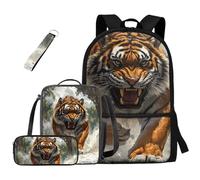 HUGS IDEA School Backpack for Boys Bookbags with Lunch Box Pencil Bag and Keychain 4 Piece Schoolbag Set, Cool Tiger, One Size, Rucksack Backpacks