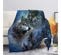 HUGS IDEA Sherpa Blanket with Moutain Forest Wolf Couple Print, Warm Blanket Throw for Men Boys Students Dorm Winter Bed Blanket Washable Fuzzy Throw, Blue-XL
