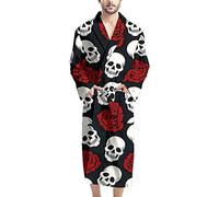 HUGS IDEA Skull & Red Rose, Gothic Vintage Design, Men's Dressing Gown Full Length, V Collar Lightweight Housecoat Loungewear Bathrobe and Nightwear, Halloween
